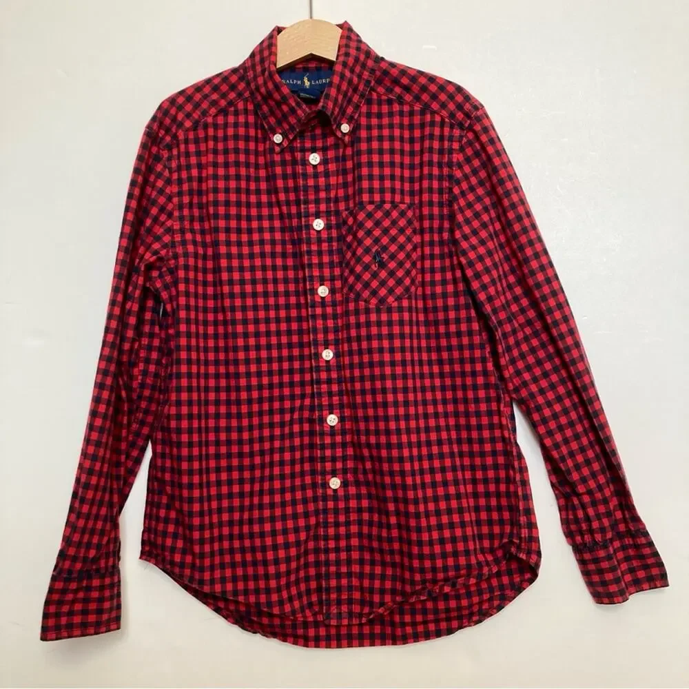Ralph Lauren Gingham Button Down Boys Size 8 Red and Navy Blue